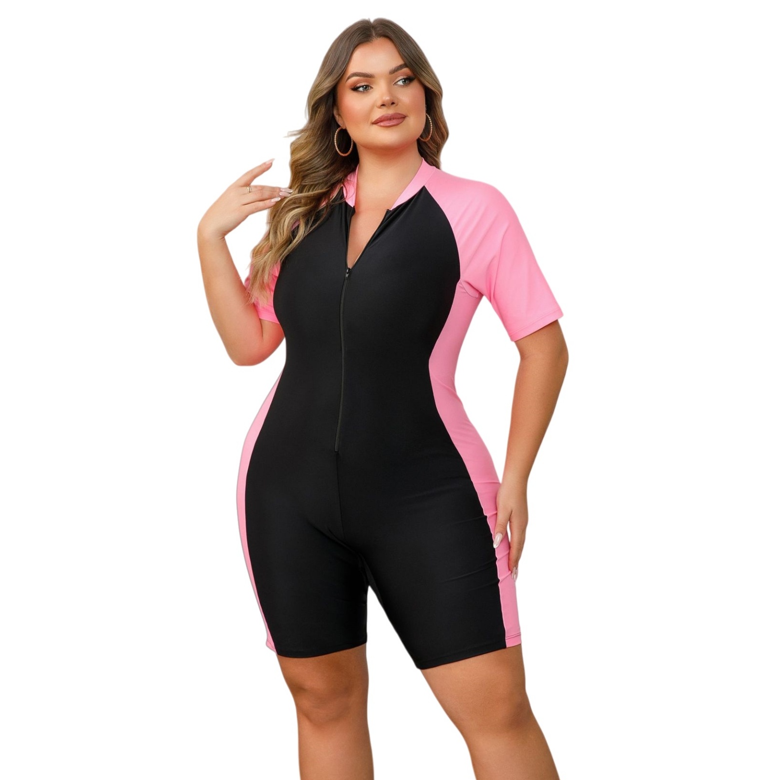 Plus Size Rash Guard Swimsuit Color Block Short Sleeve Zip-Up One Piece Swimwea